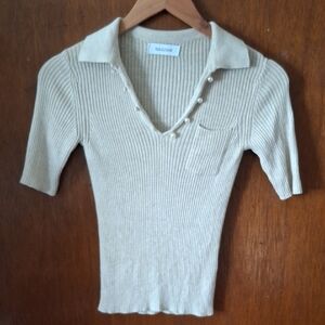 NAADAM Cream Ribbed Knit Blouse Sz XS Cashmere Silk V-neck Pearl Buttons Luxury